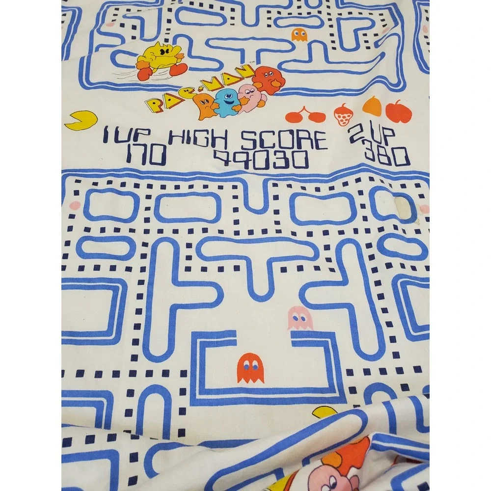 Vintage Danville 1980s White Blue Pac-Man Ghosts Fabric Twin Flat Sheet Gamer